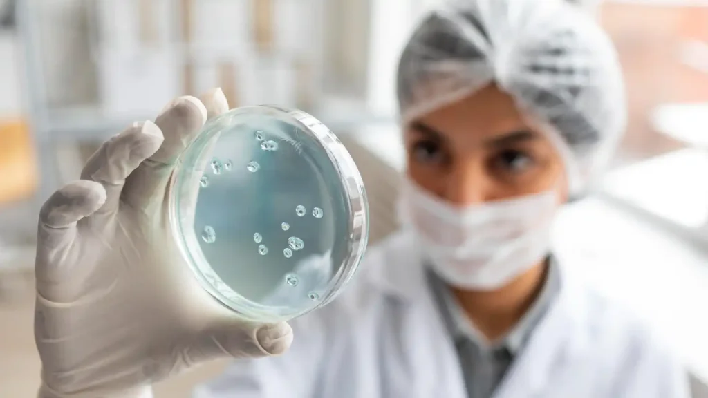 为遵循2025版药典无菌检查法的新要求，一名微生物实验员正在进行方法学验证，仔细观察培养皿中微生物的生长情况。