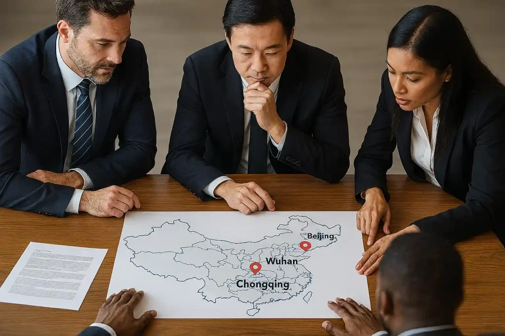 多位商务人士围坐桌旁,共同研讨中国地图上标注的北京、武汉、重庆等国家药监局区域分中心位置,以制定医疗器械注册的战略布局。