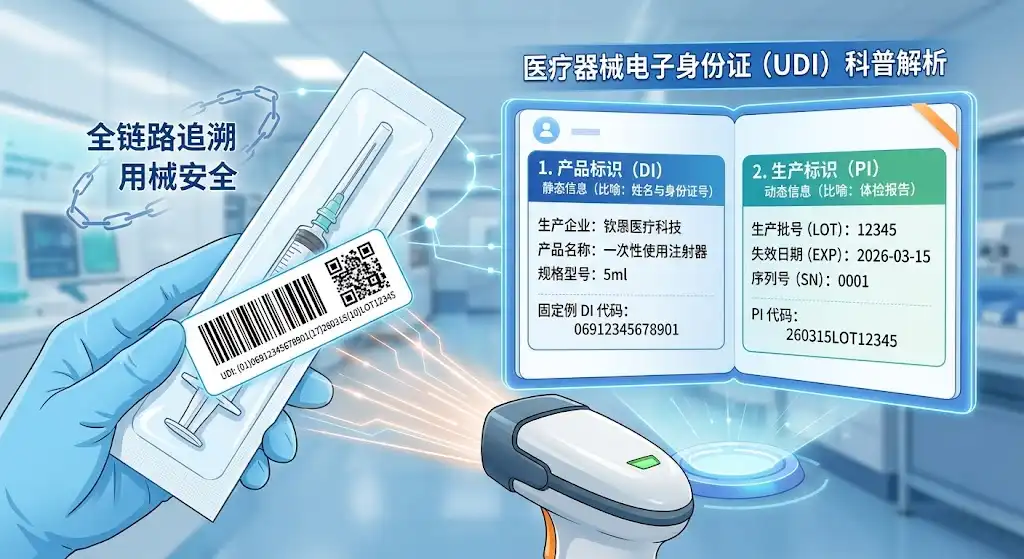 一张直观的医疗器械UDI编码科普解析图解,展示了通过扫码设备读取医疗器械包装条码后,系统将其拆解为犹如“电子身份证”的产品标识(DI)与生产标识(PI),实现用械安全的精准追溯。