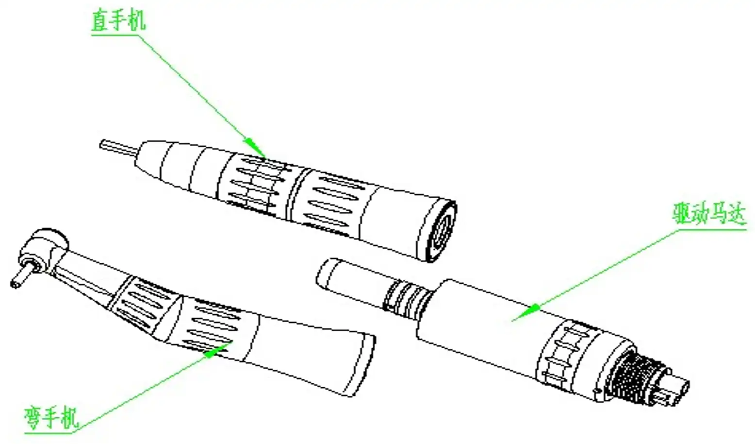 牙科手机注册审查涉及的牙科直手机和弯手机整体结构示意图